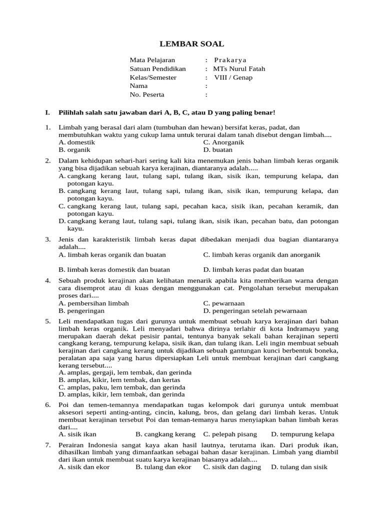 Soal Prakarya Kelas VIII MTs Nurul Fatah PDF