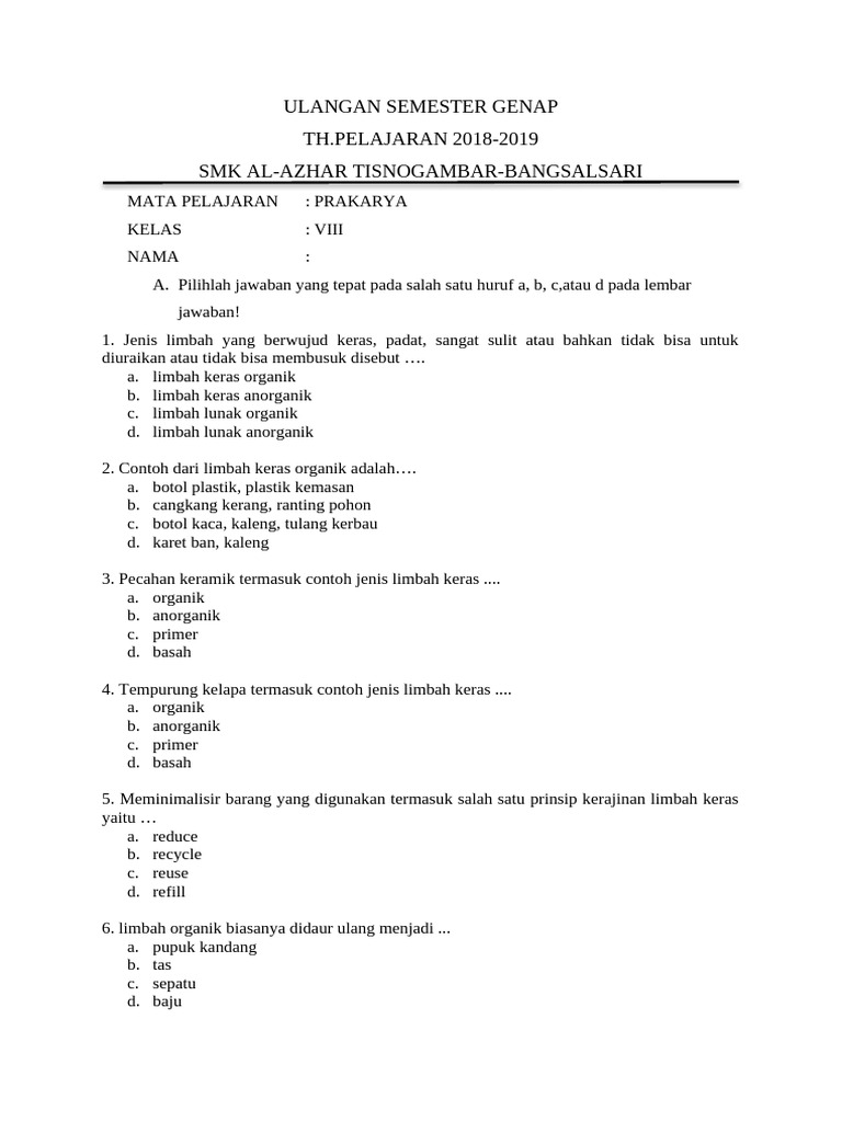 20 soal prakarya kelas viii serta jawaban semester 2 essay