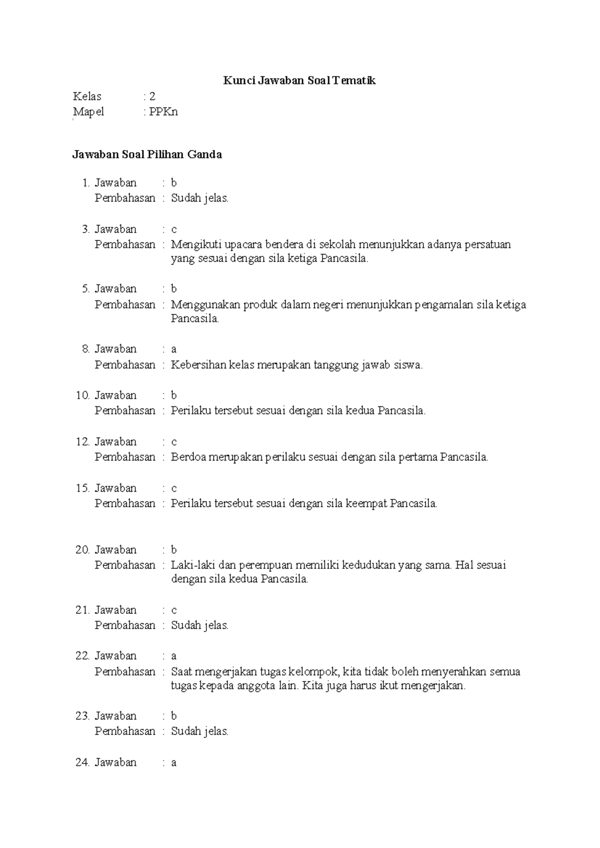 Kunci Jawaban Soal Tematik PPKn Kelas 2 - Studocu Kunci Jawaban Soal Tematik PPKn Kelas 2 - Studocu