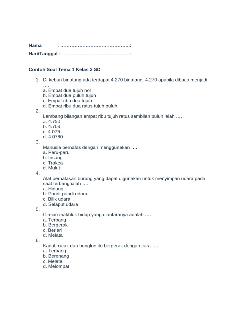 5 Contoh Soal Kelas 3 Tema 1 Sub Tema 1 yang Wajib Dikuasai Agar Nilai Mengejutkan 5 Contoh Soal Kelas 3 Tema 1 Sub Tema 1 yang Wajib Dikuasai Agar Nilai Mengejutkan
