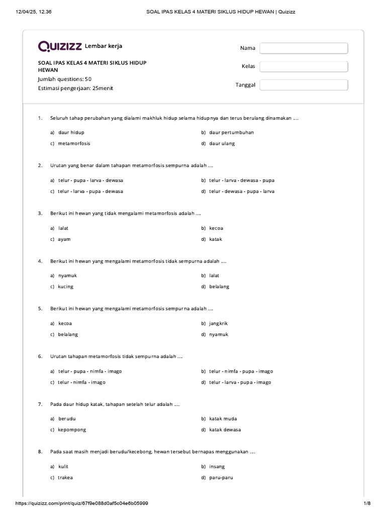 Soal Siklus Hidup Hewan Kelas 4 SD PDF