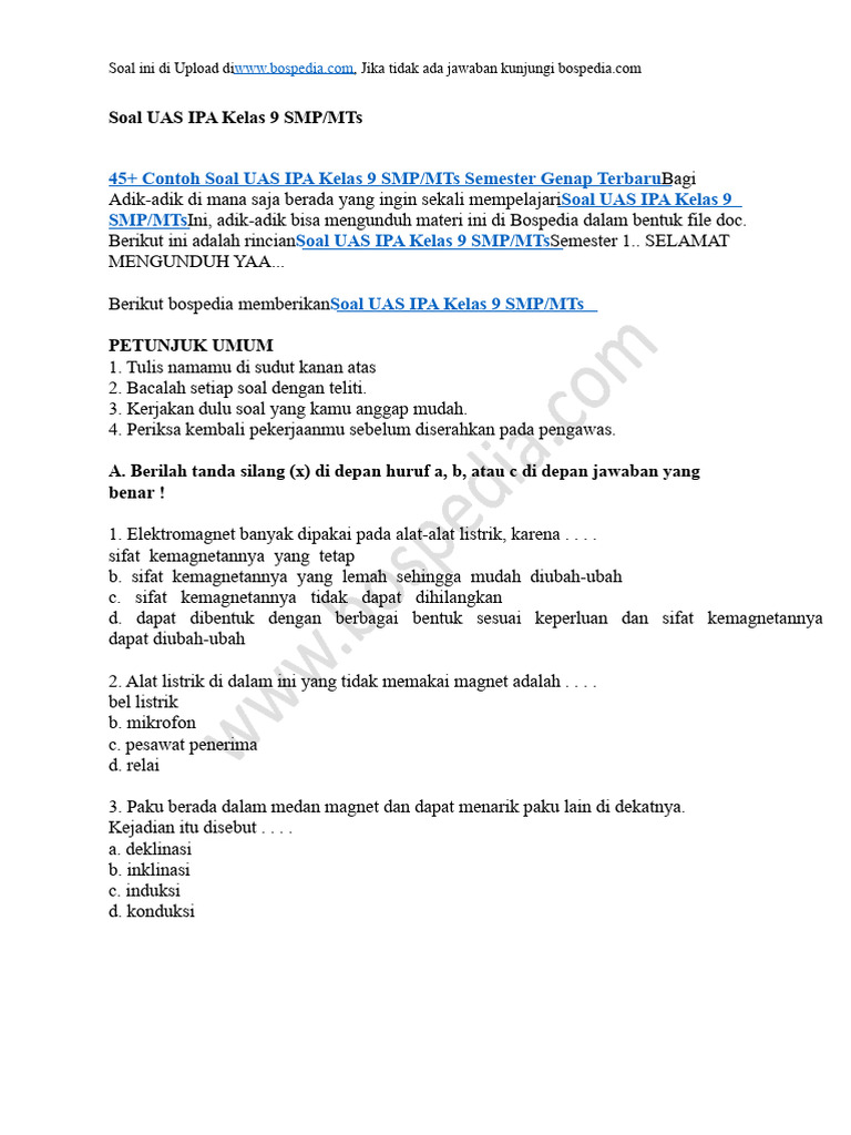 Bocoran 3 soal uas ipa kelas 9 semester 2 genap rppk13.web.id yang sering keluar di ujian