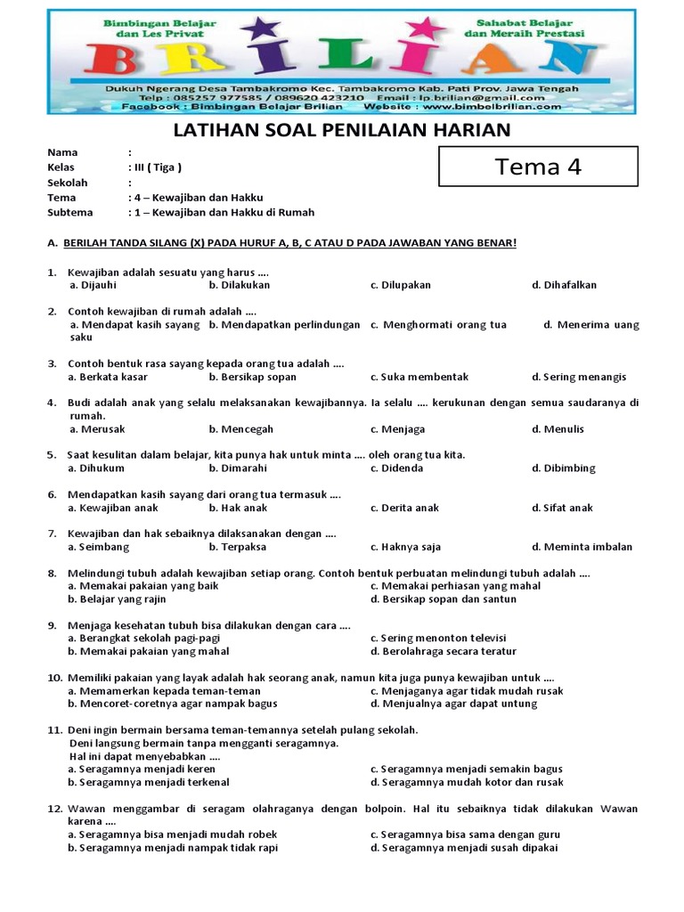 Latihan Soal Tema 4 Kelas 3 Hak dan Kewajiban Ini Ternyata Sangat Penting untuk Siswa Latihan Soal Tema 4 Kelas 3 Hak dan Kewajiban Ini Ternyata Sangat Penting untuk Siswa