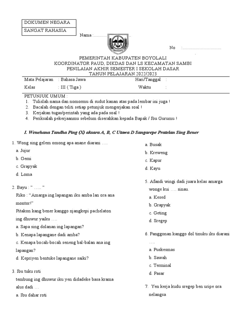 Rahasia Nilai Sempurna Lewat Soal Bahasa Jawa Kelas 3 Semester 1 Bimbelbrilian Rahasia Nilai Sempurna Lewat Soal Bahasa Jawa Kelas 3 Semester 1 Bimbelbrilian