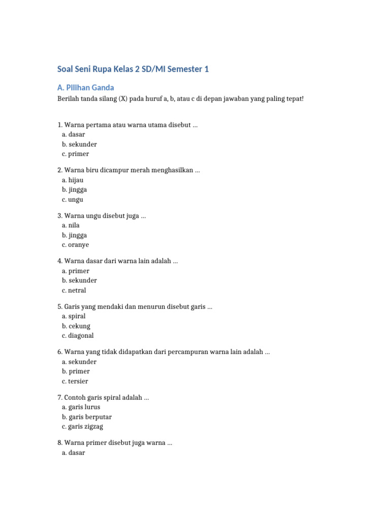 Soal Seni Rupa Kelas 2 SD Semester 1 PDF