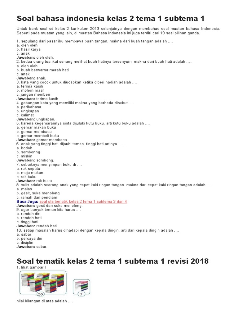 Soal Bahasa Indonesia Kelas 2 Tema 1 Subtema 1 PDF