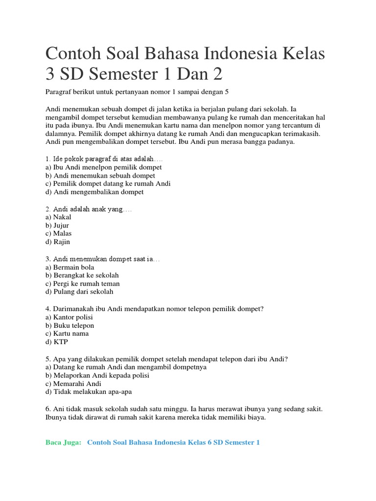 Soal Bahasa Indonesia Kelas 3 SD Semester 1 PDF Soal Bahasa Indonesia Kelas 3 SD Semester 1 PDF
