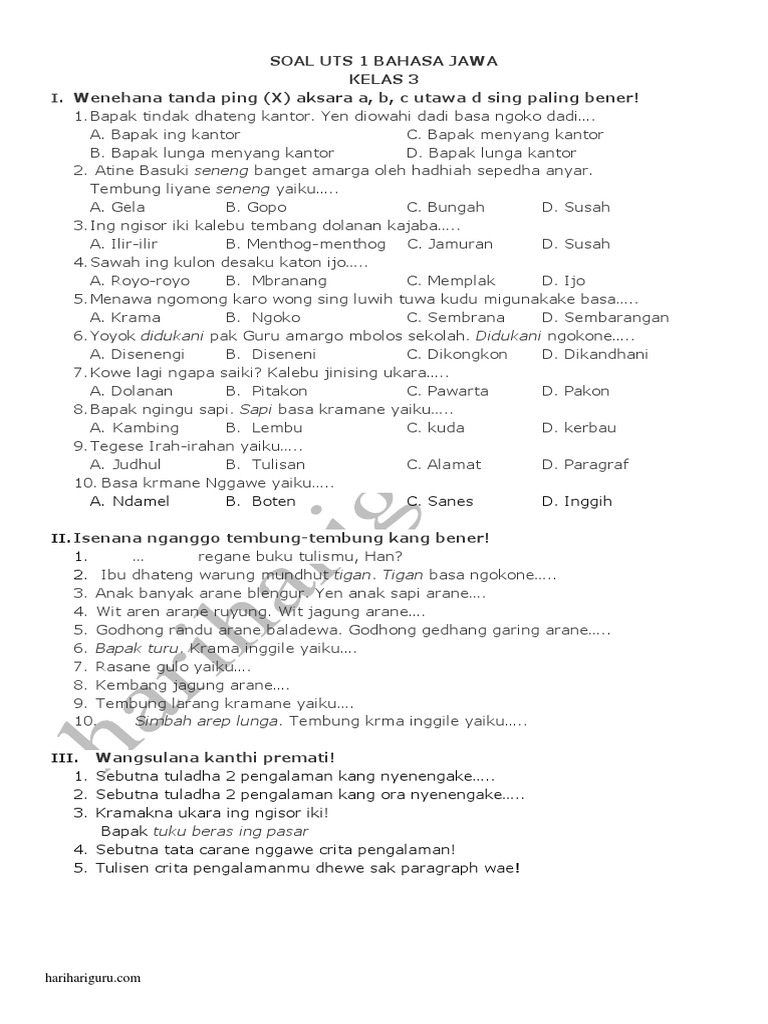 Wajib Tahu Bocoran Soal Bahasa Jawa Kelas 3 SD UTS Semester 1 Agar Nilai Sempurna Wajib Tahu Bocoran Soal Bahasa Jawa Kelas 3 SD UTS Semester 1 Agar Nilai Sempurna