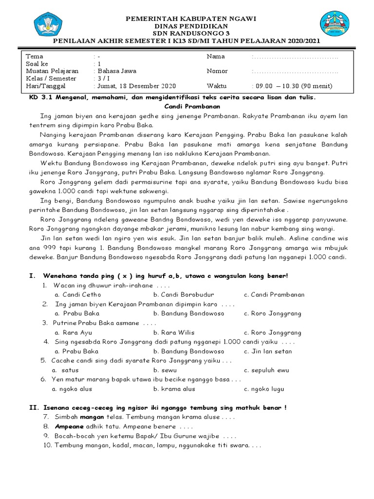Wajib Tahu Bocoran Soal Bahasa Jawa Kelas 3 Semester 1 Yogyakarta Agar Nilai Sempurna Wajib Tahu Bocoran Soal Bahasa Jawa Kelas 3 Semester 1 Yogyakarta Agar Nilai Sempurna
