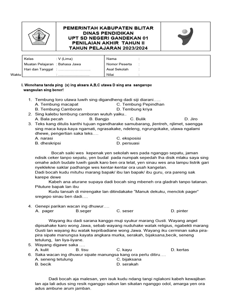 Wajib Tahu Kumpulan Soal Bahasa Jawa Kelas 5 Semester 1 Materi Pasinaonkurikulum 2013 Terbaru Wajib Tahu Kumpulan Soal Bahasa Jawa Kelas 5 Semester 1 Materi Pasinaonkurikulum 2013 Terbaru