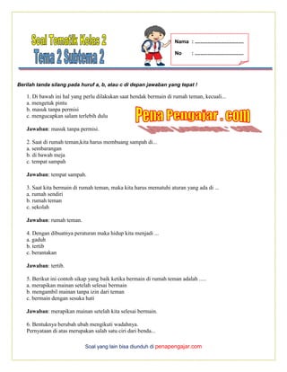 contoh soal kelas 2 tema 2a subtema 1