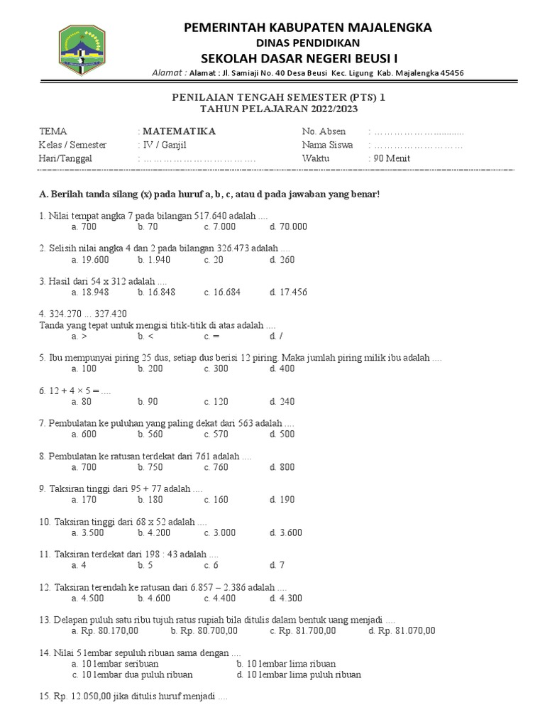 contoh soal pts matematika kurtilas kelas 4 sd semester 1
